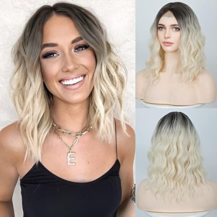 DILLARDS Haircube Ombre Blonde Wigs For Women Short Wavy Bob Wig Middle Part Shoulder Length Heat Resistant Fibre Synthetic Wig (Ombre Blonde) - Image 2